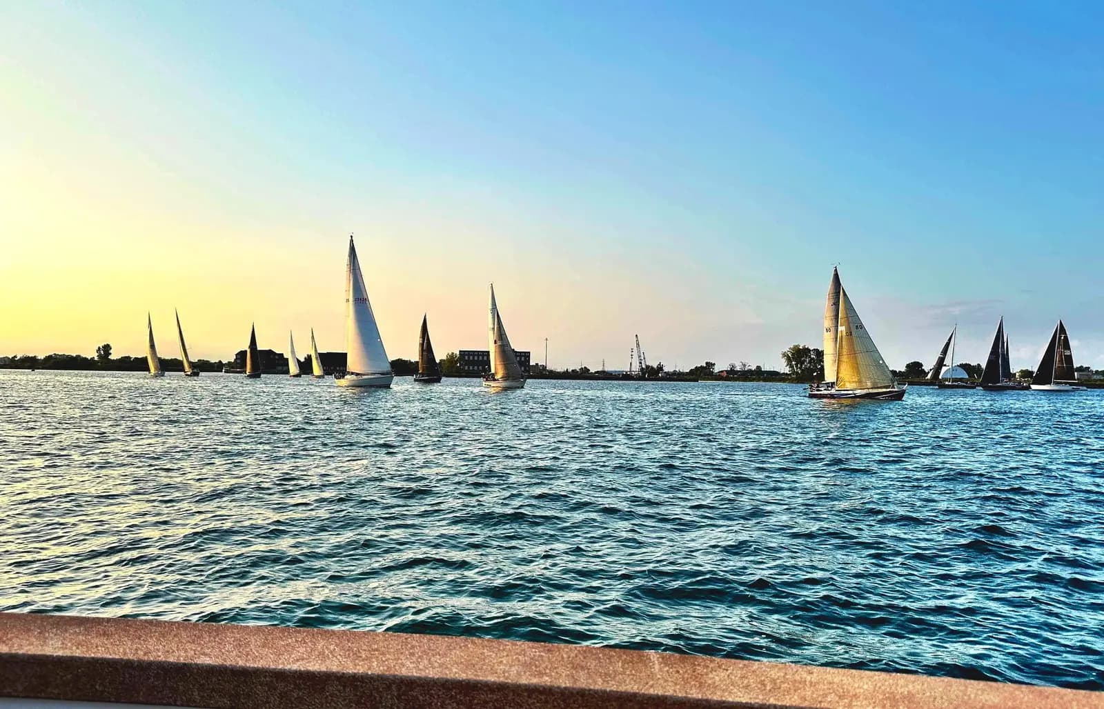 Sailboat regatta on the Detroit River at golden hour