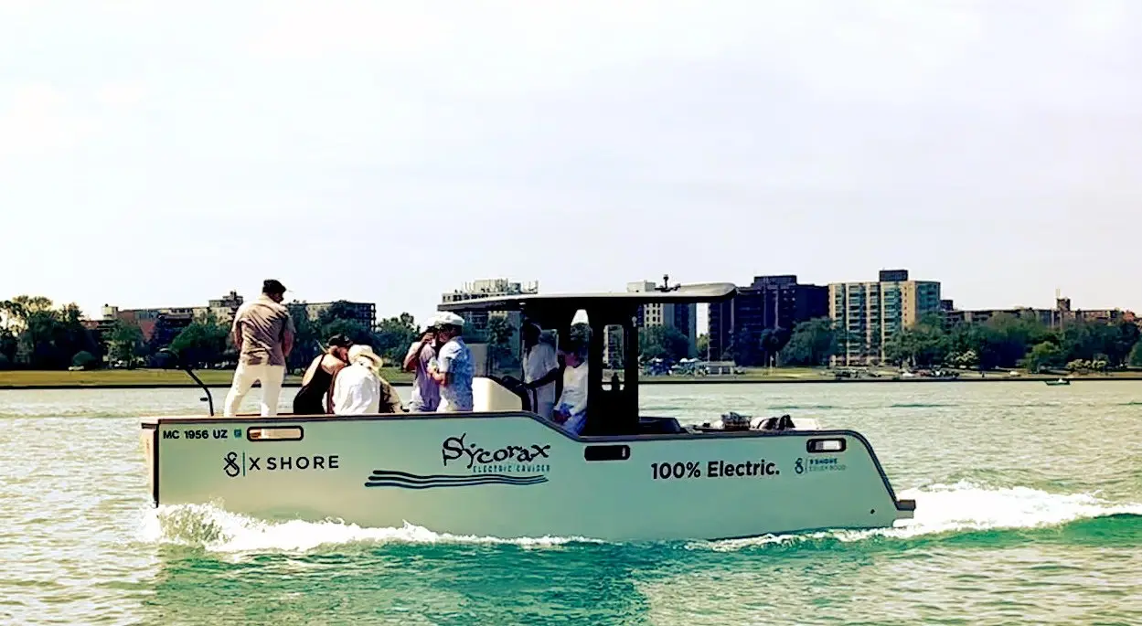 The Sycorax cruising the Detroit riverfront with guests aboard