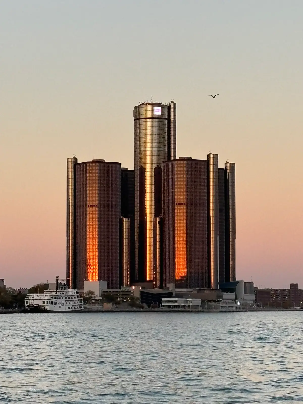 Detroit skyline at sunset from the water
